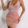 Women Casual Colorful Striped Knit Backless Dress Spring Summer Holiday Package Hip S-L