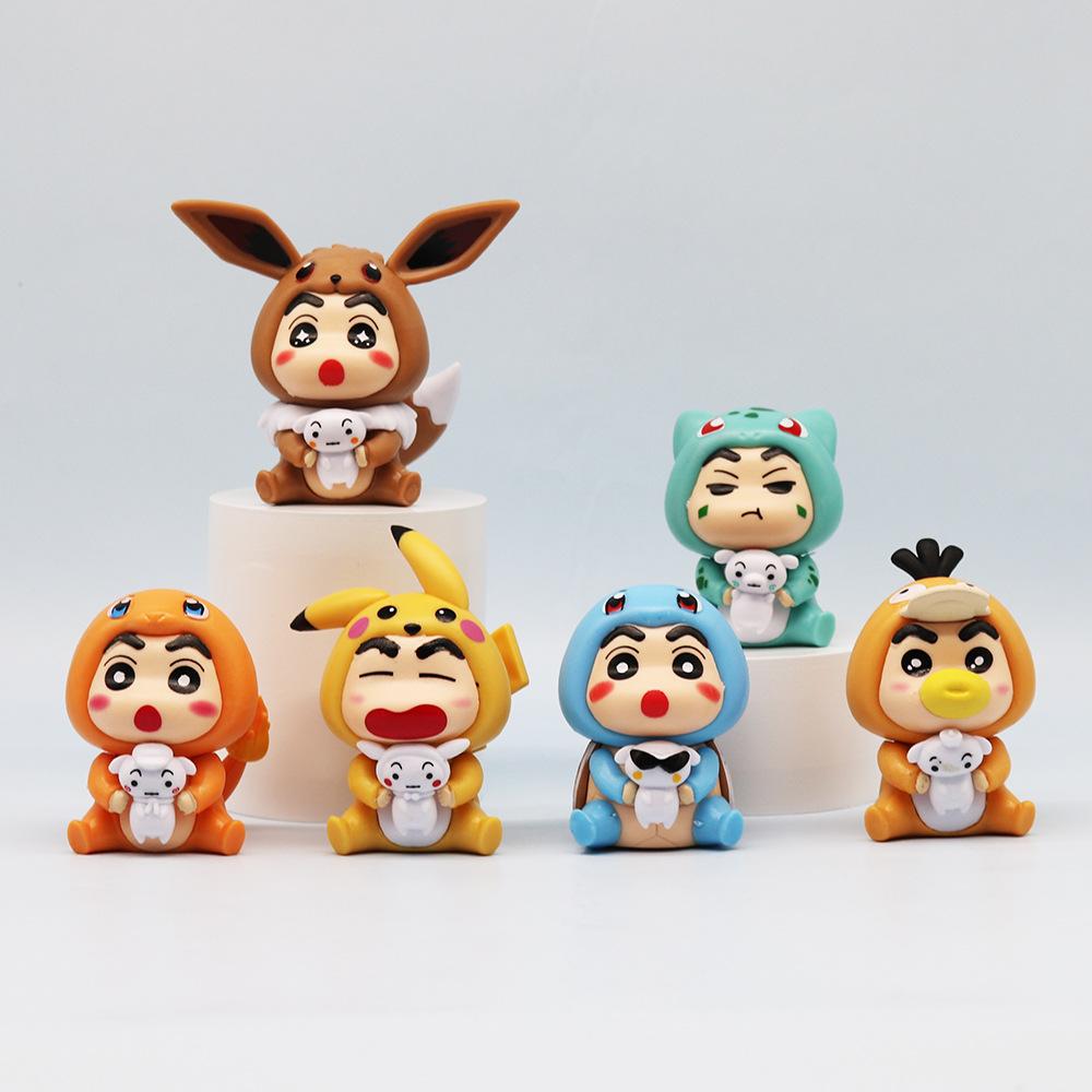 6pcs/set Crayon Shin chan Psyduck Eevee Charmander Bulbasaur Squirtle Action Figure Collection Model Toys