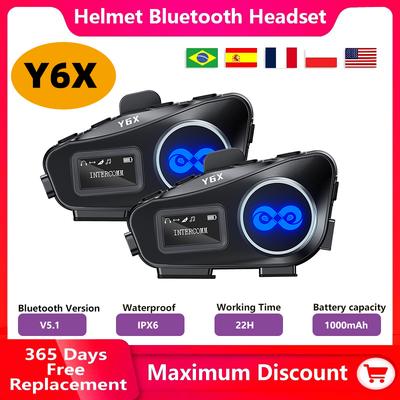 Y6X Мотоциклетный Bluetooth Шлем Гарнитура для Интеркома Беспроводная V5.1 Совместное прослушивание музыки Шумоподавление FM-радио IP56 Водонепроницаемый Светодиодное освещение