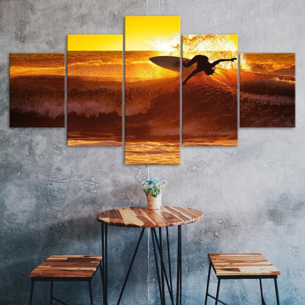 Sunset Ocean Surfing Scenery Canvas 5 Piece Five Panel Wall Print Modern Art Poster Picture Home Decor Gift For Him For Her