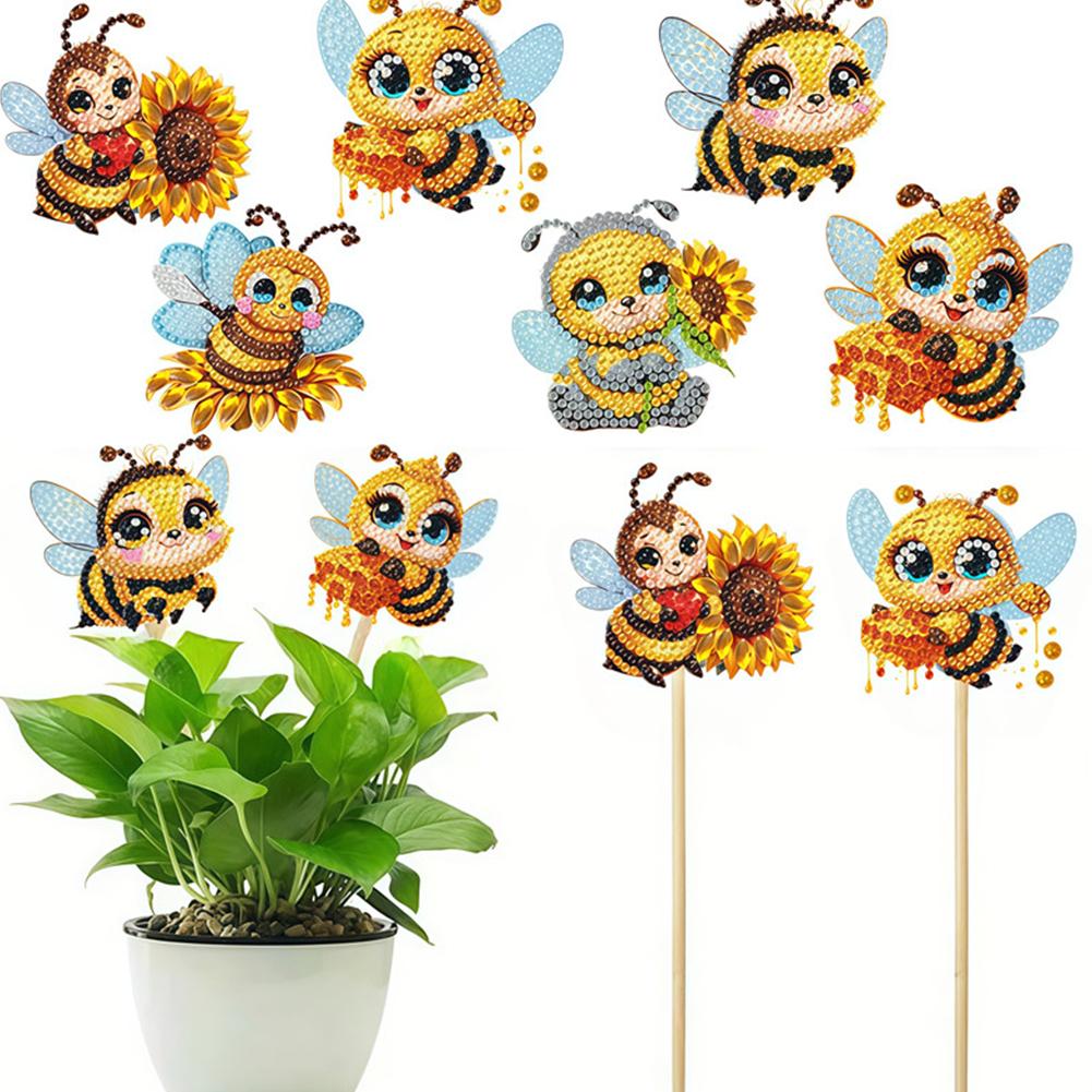 6Pcs Bee Stakes Diamond Painting Kits Animal Diamond Art Kits Diamond Art Garden Decor Kits for Flower Plant Pot