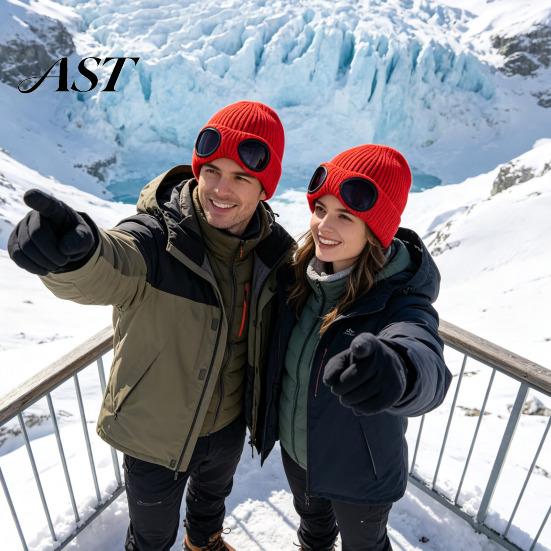 Stretchy Brimless Hat with Eye Protection 2Pcs Fleece Lined Hats Goggles, Warm Winter Knit Protective Goggle for Snow Sports Hats, Windproof