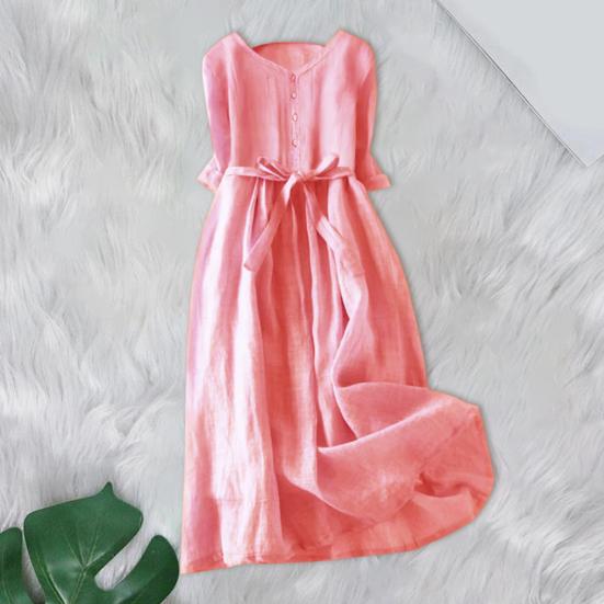 Женское летнее платье с круглым вырезом в стиле ретро, ​​чистый цвет, с короткими рукавами, плиссированное трапециевидное платье с высокой талией и большим подолом, однобортное платье миди для отдыха