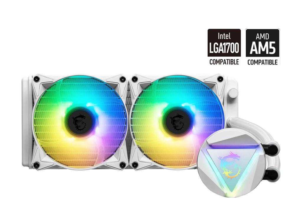MSI MAG Core Liquid 240R V2 White AIO RGB CPU Liquid Cooler Swivel Cap Design 240mm Radiator Dual 120mm RGB PWN - - - - Fans.