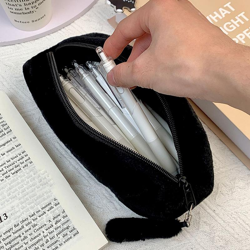 Простота Черный плюшевый пенал для кошек Пенал для карандашей Вместительная сумка для хранения канцелярских принадлежностей Школьная сумка для хранения косметики