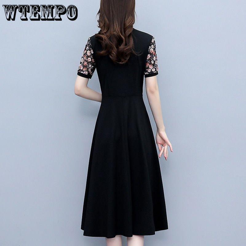 Женская мода шифоновые платья с короткими рукавами и цветочным принтом Элегантное платье трапециевидной формы средней длины