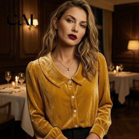 Lapel Collar Top Fall Winter Women Velvet Shirt, Regular Fit Button Down Long Sleeve Shirts Top, Soft Solid Color Blouse for Lady