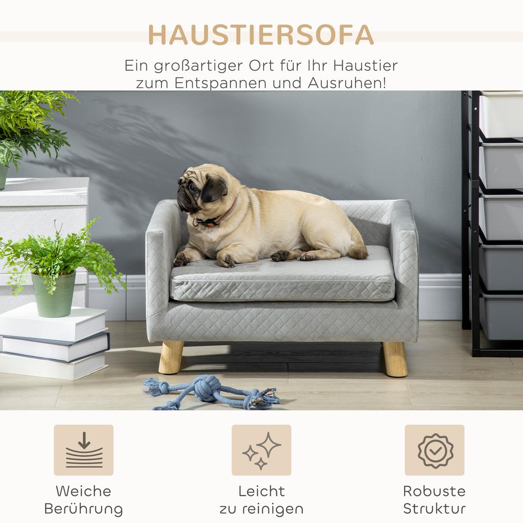 Dog Sofa Dog Bed Dog Couch Made of Velvet with Backrest, Wooden Legs, Cushion, Cat Sofa with Soft Padding, for Small Dogs 64 x 45 x 36 cm Dark Grey