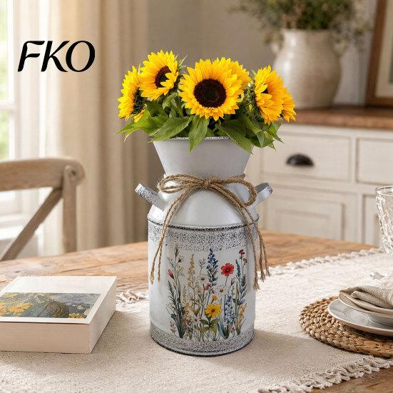 Farmhouse Decor Vase Vintage Iron Flower Bucket, Rustic White Double-Handle Metal with Floral Print & Jute Dried Holder Bow, Tabletop for
