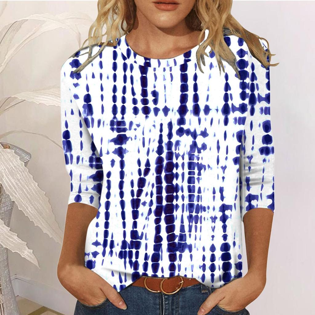 Летние рубашки для женщин с рукавом три четверти и принтом, пуловер с круглым вырезом, верхняя блузка
