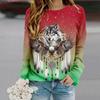 Топы для женщин с принтом волка и орла, круглый вырез, длинный рукав, футболка, осенний повседневный тонкий пуловер, женский топ с длинным рукавом