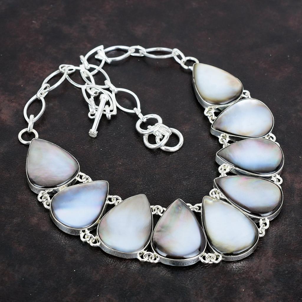 Черное перламутровое ожерелье из драгоценных камней, серебряное ожерелье с регулируемой цепочкой, ожерелье ручной работы, подарки для женщин, украшения в стиле бохо