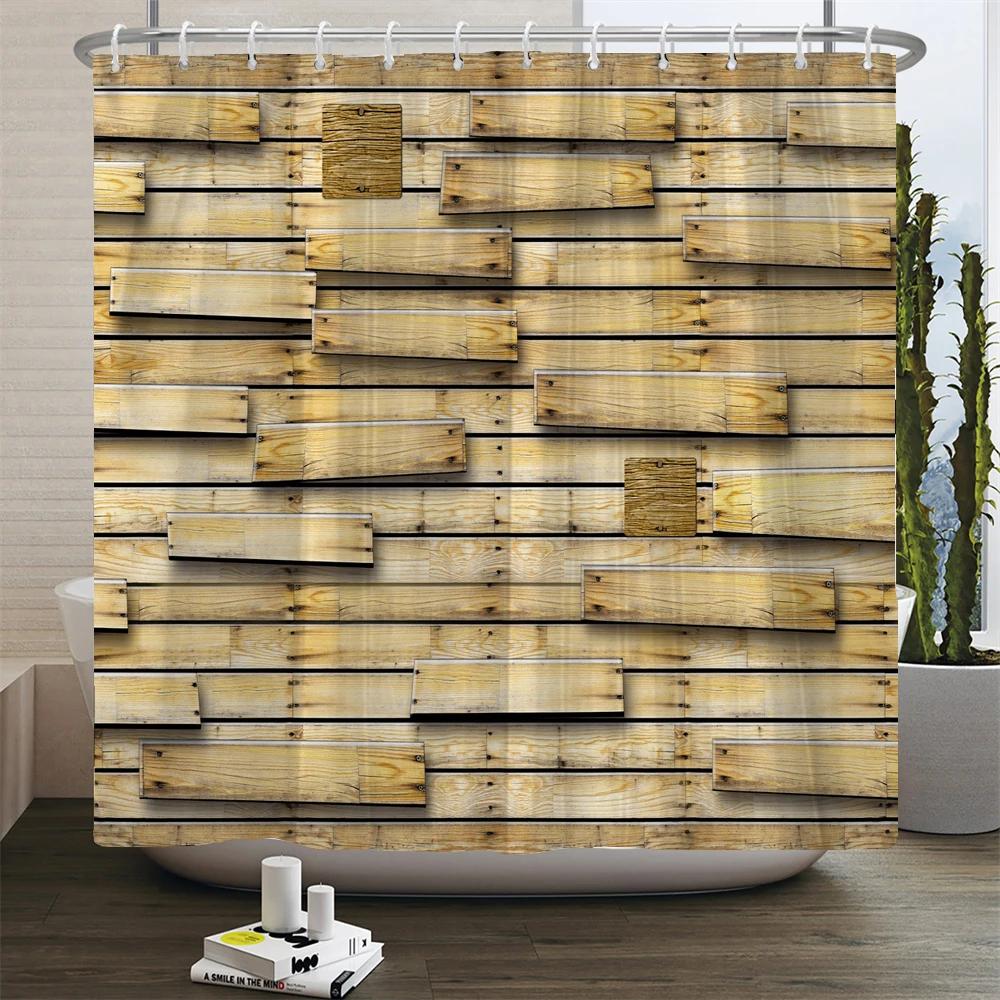 Деревенская шторка для душа Винтажные вертикальные деревянные доски Потертый деревенский дизайн из твердых пород дерева Тканевая шторка для ванной комнаты с крючками