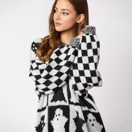 Женский свитер с круглым вырезом и длинным рукавом, эластичный трикотажный топ, свободный крой, узор в клетку, пуловер, топы, трикотаж