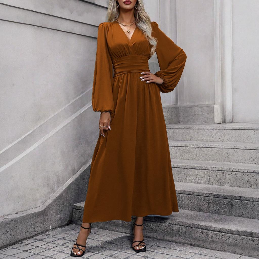 Women's Fashionable Solid Color V-neck Long Sleeved Slit Dress