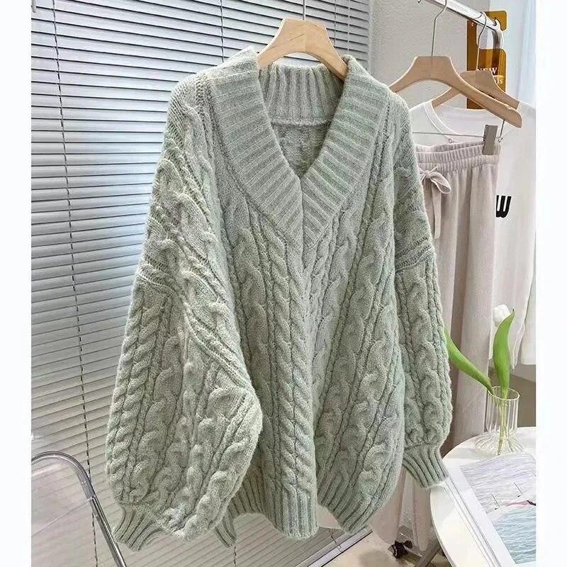Women Sweater Soft Waxy Knitting Pullover V-neck Loose Lantern Sleeve Sweet Pink Preppy Style Thickened Warm Jumper Autumn and Winter