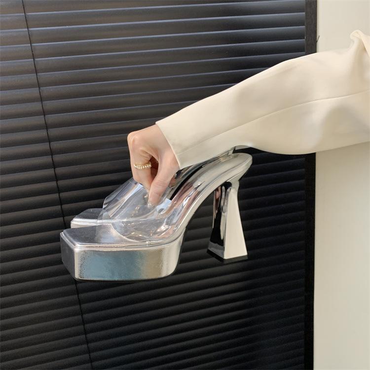 Прозрачные туфли на высоком каблуке женские 2025 лето новые водонепроницаемые на платформе со сверхвысоким каблуком шлепанцы модные сандалии на толстом каблуке