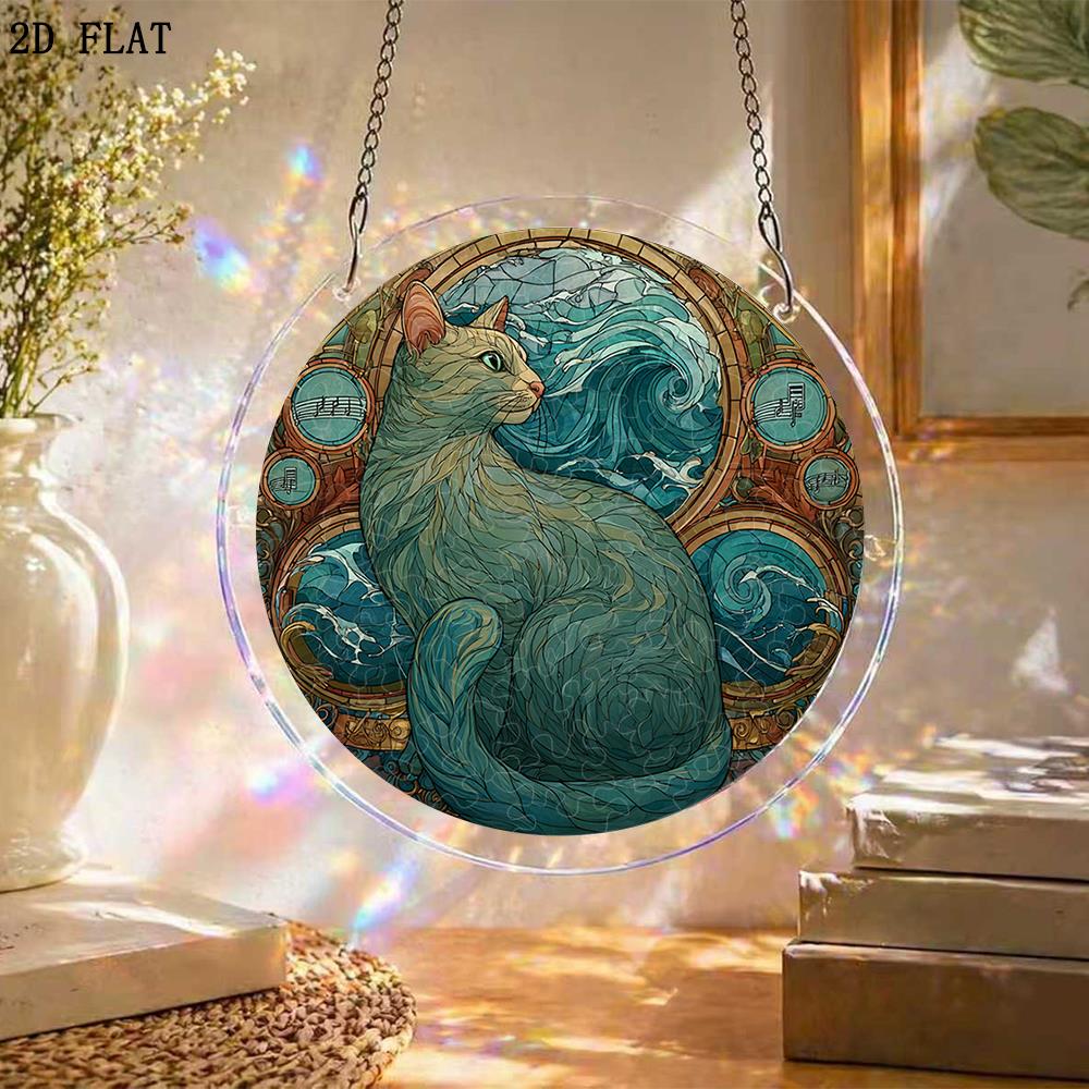 2D Flat - 1Set/83pcs 18.8Cm Acrylic Jigsaw Glass Cat Sun Catcher Puzzle - 2D Flat Acrylic Hanging Decoration, Suitable for Women, Men, Mom'S Birthday