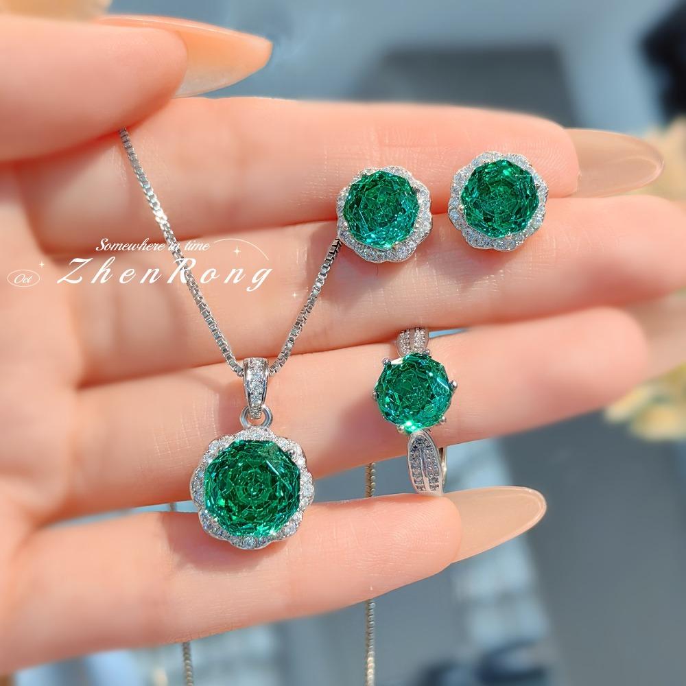 Women Jewelry Set Octagon Rose Cut Paraiba Necklace High Carbon Diamond Tanzanite Earrings Rose Ring