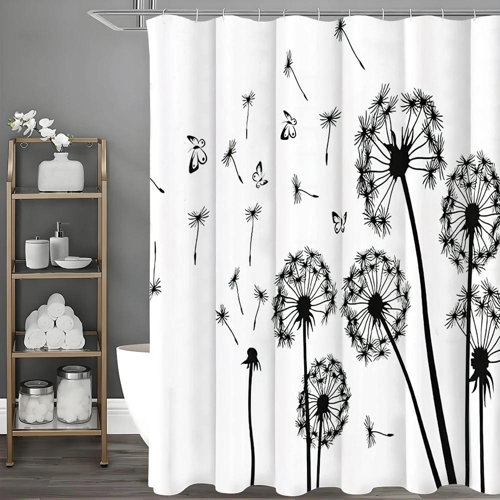 Black and White Dandelion Butterfly Shower Curtain, Bathroom Decorative Shower Curtain, Waterproof Shower Curtain with Hooks