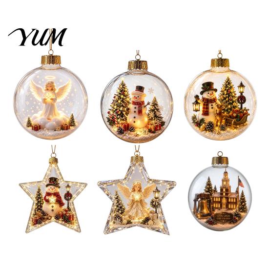 Acrylic Festive Ornaments Lighted Christmas Star for Holiday Tree Decoration, Shatterproof Hanging Decor Winter Festival Party Favors with Snowman