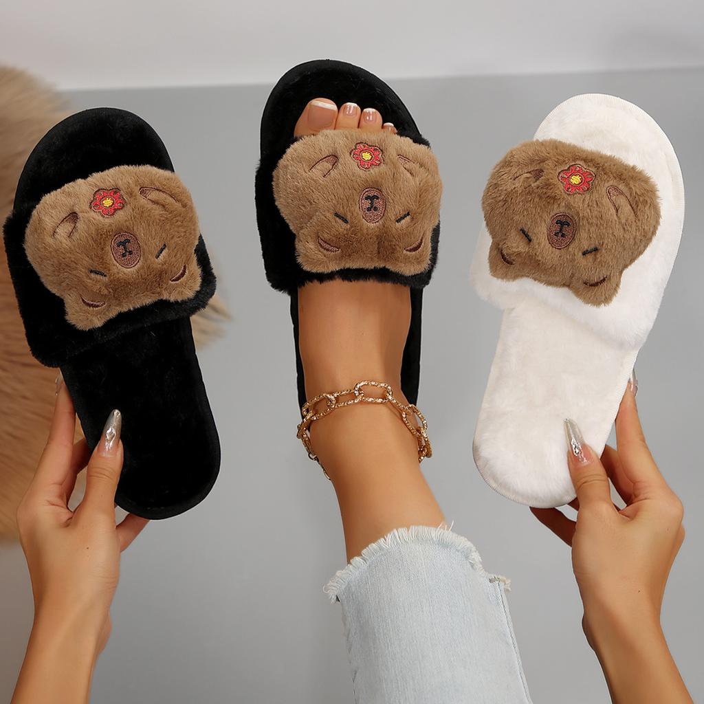 Теплые Пушистые Тапочки Женские Толстые Пушистые Меховые Тапочки Черные Белые Милые Животные Домашние Шлепанцы Домашние Слайды Плоские Комнатные Напольные Туфли