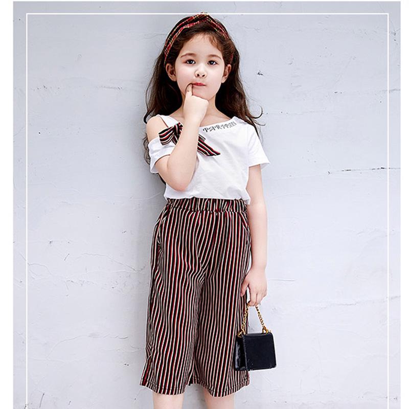Детские повседневные летние футболки с короткими рукавами для девочек + шорты в полоску с принтом, комплект костюмов из 2 предметов
