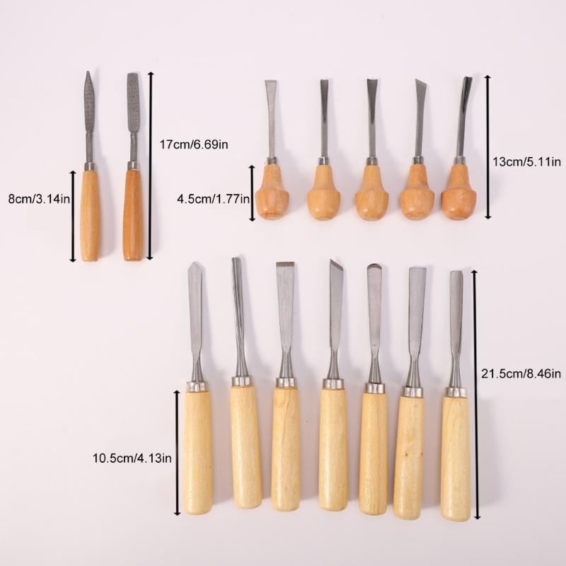 Полный набор из 16 резцов для резьбы по дереву включает стамески из углеродистой стали, напильники, молоток, портативную сумку для хранения.