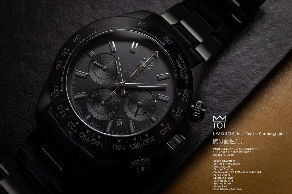 Часы-хронограф Hyakuichi, водонепроницаемые, 20 АТМ, кварцевые, с керамическим безелем, полностью черные [HYAKUICHI 101] No.11IP, мужские, для дайвинга, IP-BBB