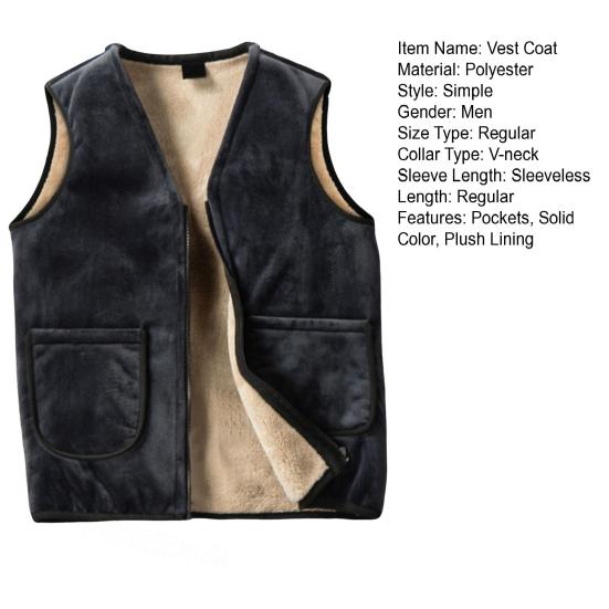 Men Vest Coat V-Neck Sleeveless Solid Color Velvet Lined Vest Coat with Pockets