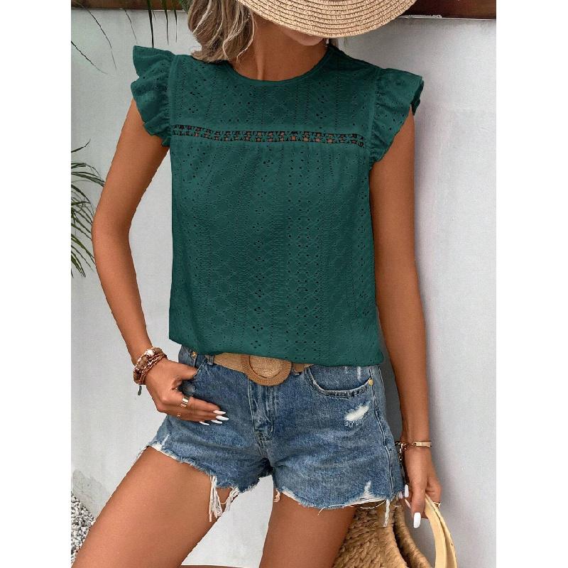 2026 Women's Summer New Round Neck Lace Solid Color Ruffle Short Sleeve Top