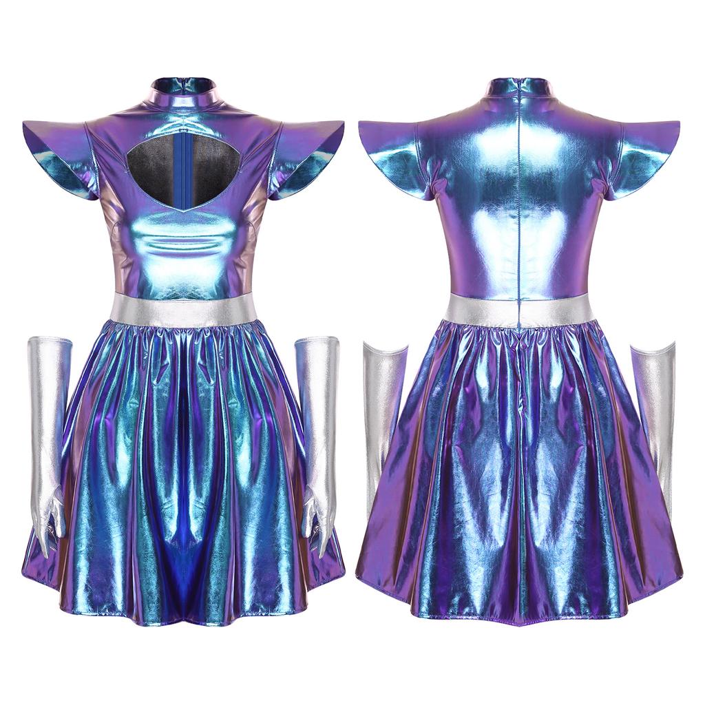 Adult Women Silver Astronaut Costume Alien Tutu Dress Suit Space Cadet Leotards Dress for Halloween Cosplay Theme Party Dress-up