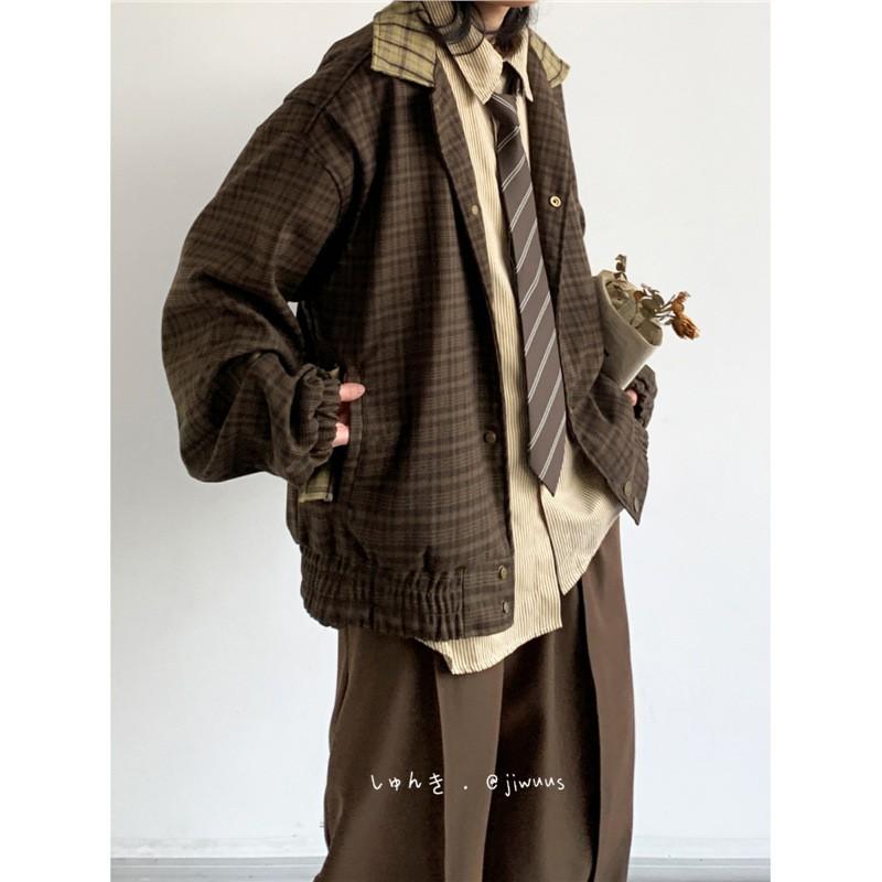 Vintage Preppy Plaid Jacket Loose Fit Casual Outerwear Men Women 2025 Fall