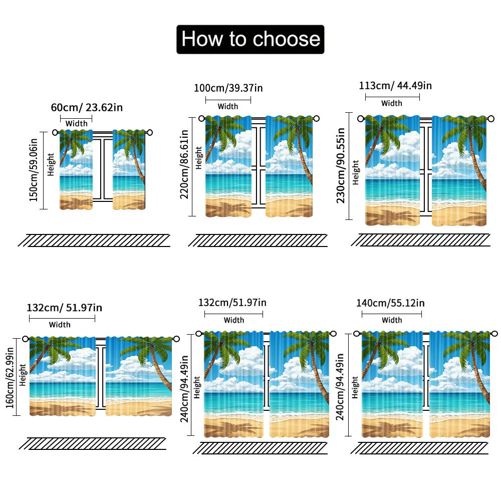 2pcs spring summer Curtains Hawaii Beach Ocean Art Digital Print Drapes Fabric Home Decor Perfect for Bedroom Living Room