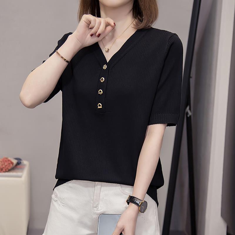 Футболка Ice Silk для женщин, лето, плюс размер, утягивающая, модная, с V-образным вырезом, стильная, с короткими рукавами, свитер, топ, футболки для женщин