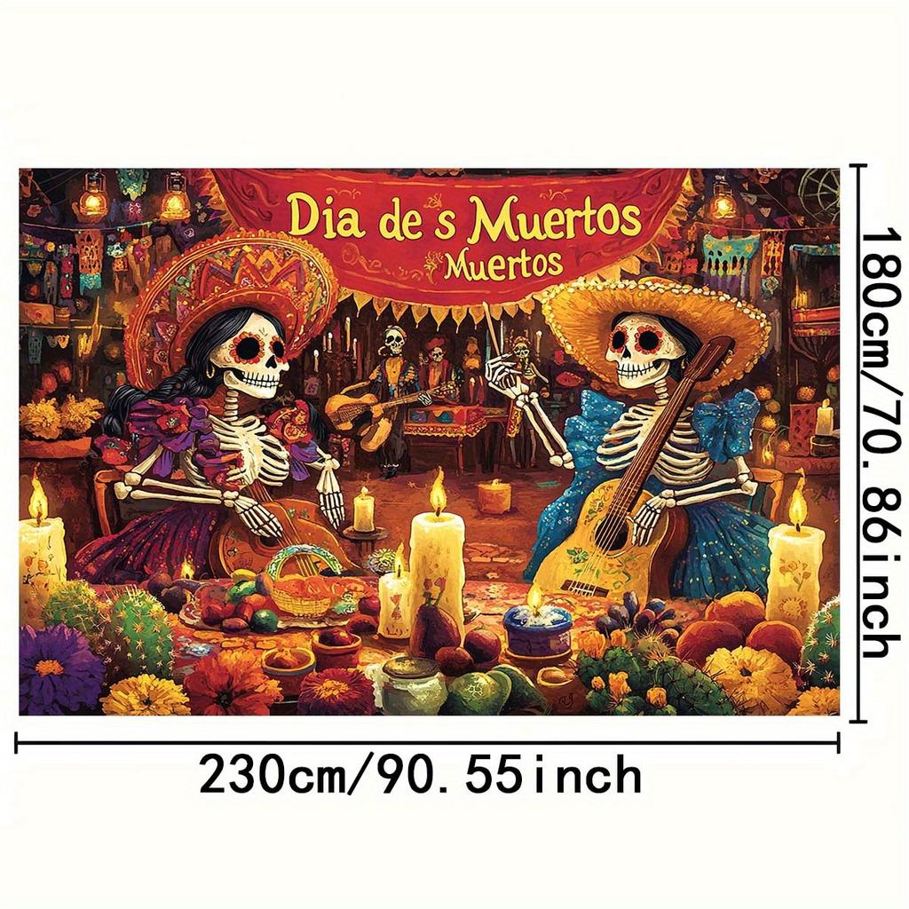 Vibrant Day of the Dead background banner - Mexican decoration skull musician marigold and candle patterns - polyester