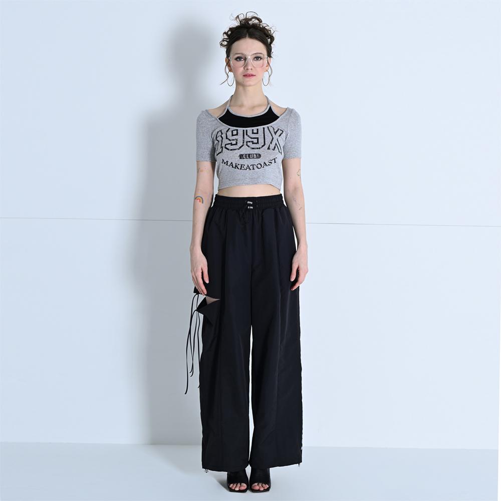 MAKE A TOAST Cutout One-Pleat Elastic Wide Pants Black Mbdspa001Bk
