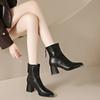 Pointed Toe Soft Leather Slim Short Boot Womens Shoes Autumn/Winter French Back Zipper Thick High Heel Office Boots Botas Mujer
