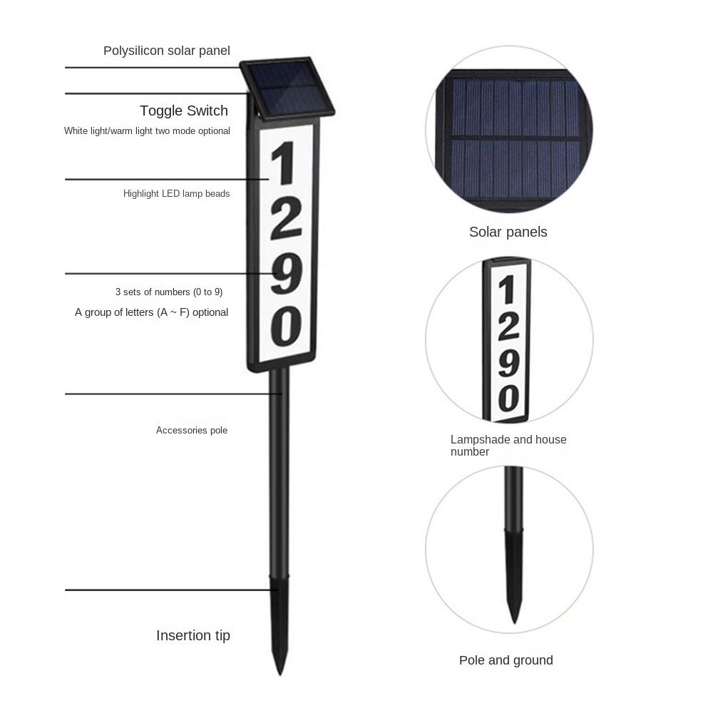 Solar-Powered Solar Doorplate Light Pole Mount Address Sign with Lightings  Garden