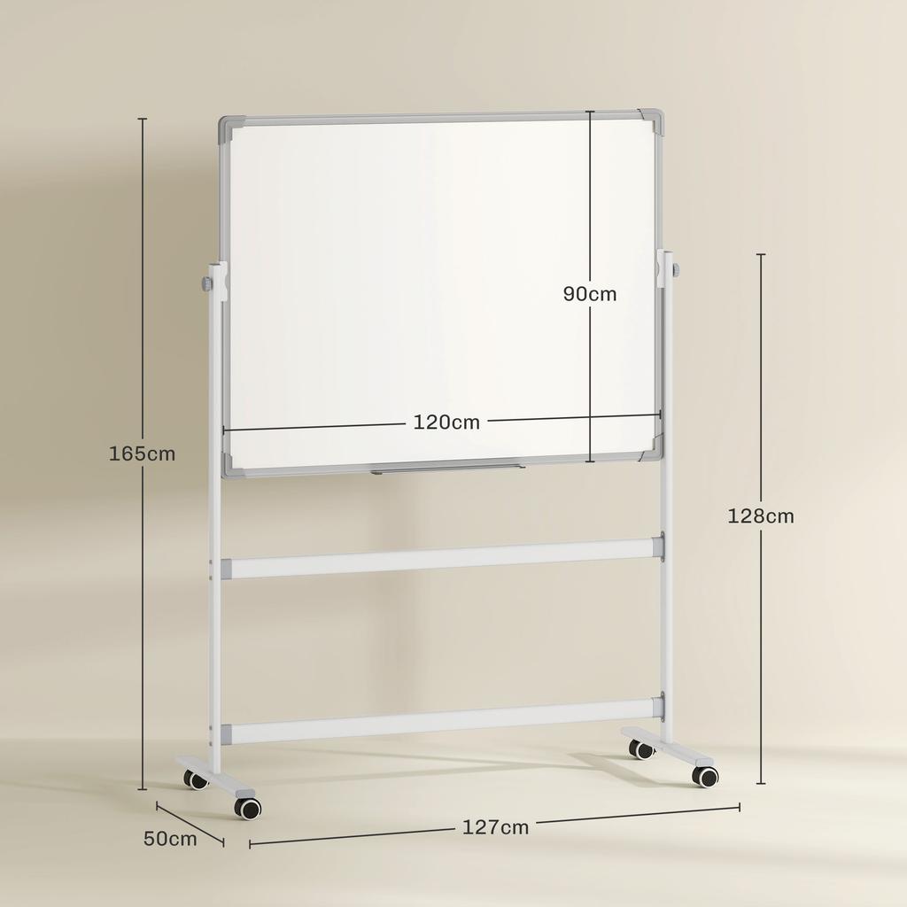 Whiteboard, 120 x 90 cm, Magnetic, Rotatable, Mobile, incl. Marker & Eraser, Metal Frame, White
