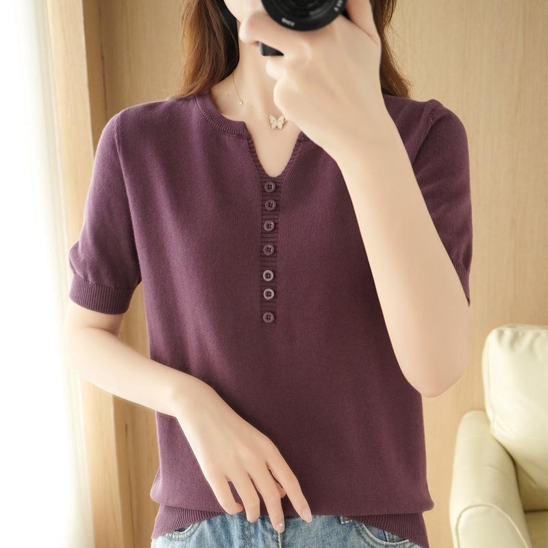 Новая летняя женская футболка с короткими рукавами, свободная тонкая трикотажная футболка с v-образным вырезом, универсальные тонкие топы с короткими рукавами на тонких пуговицах