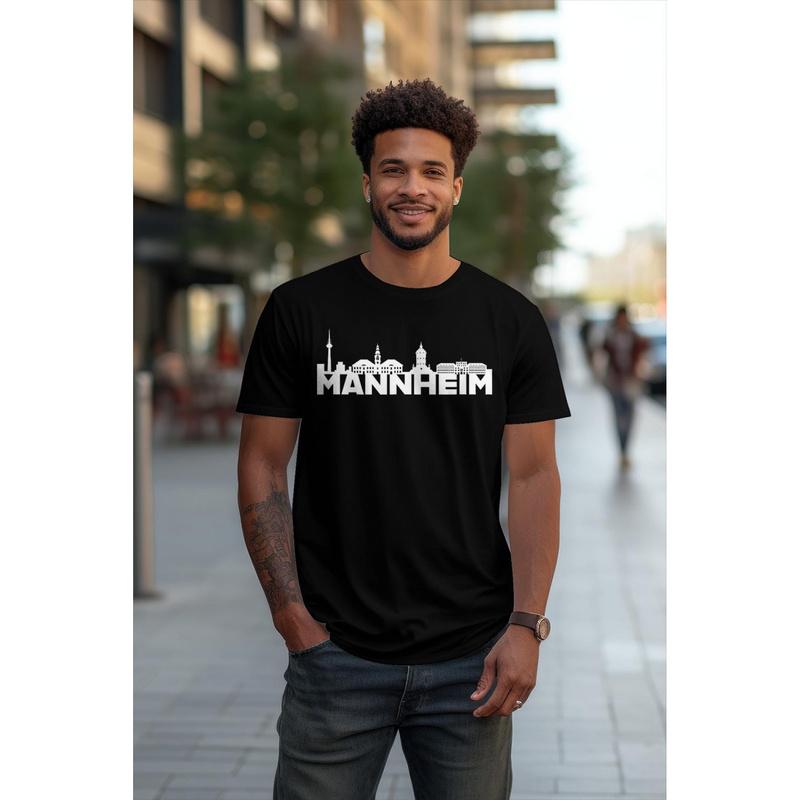 Mannheim Germany City Skyline Silhouette Outline Sketch T- Shirt, Black Tee Unisex For Man Gift Cottoned