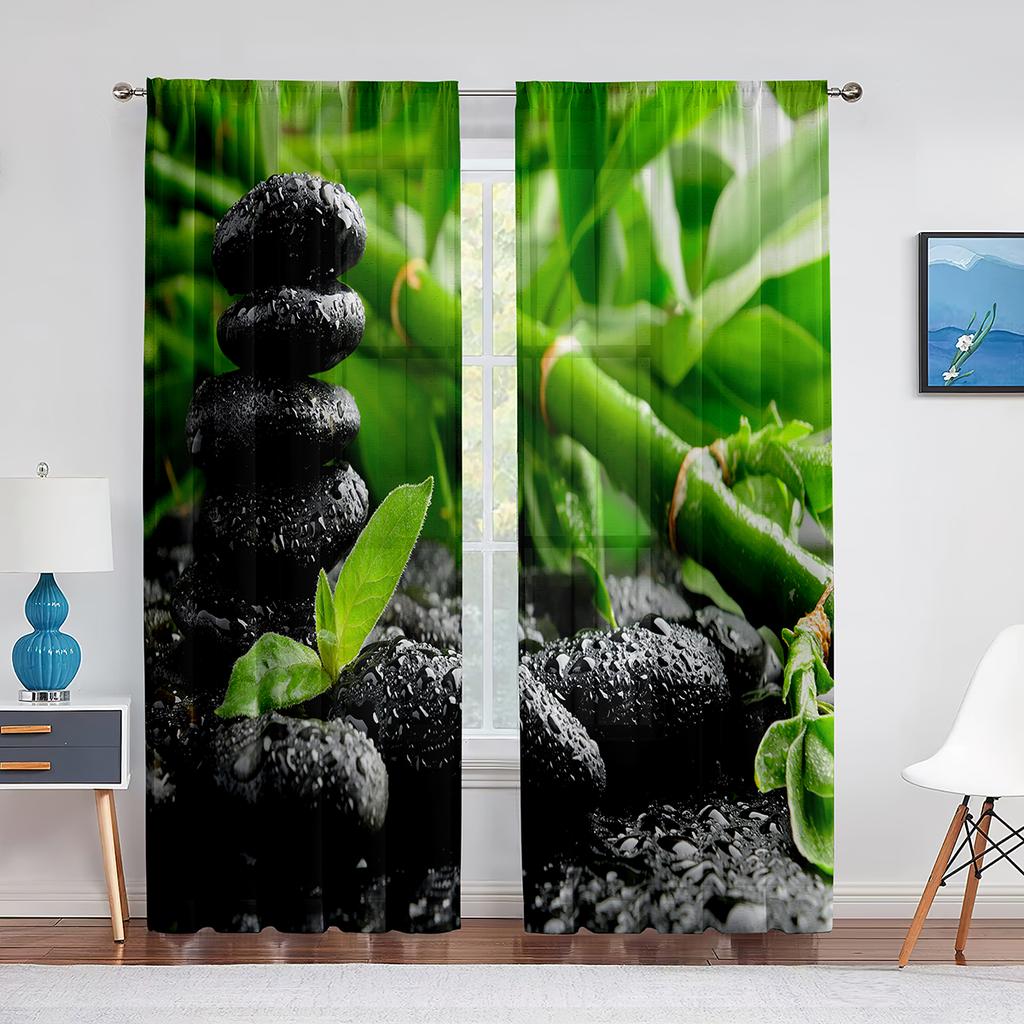 Zen Spa Green Bamboo Black Stone Flower Sheer Curtains for Living Room Bedroom Decorations Window Voiles Tulle Curtain Drapes