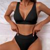 Ribbed Bikini Women Swimsuit  New High Waist Swimwear Sexy V-neck Biquini Push Up Bathing Suit Women Black Bikini Set