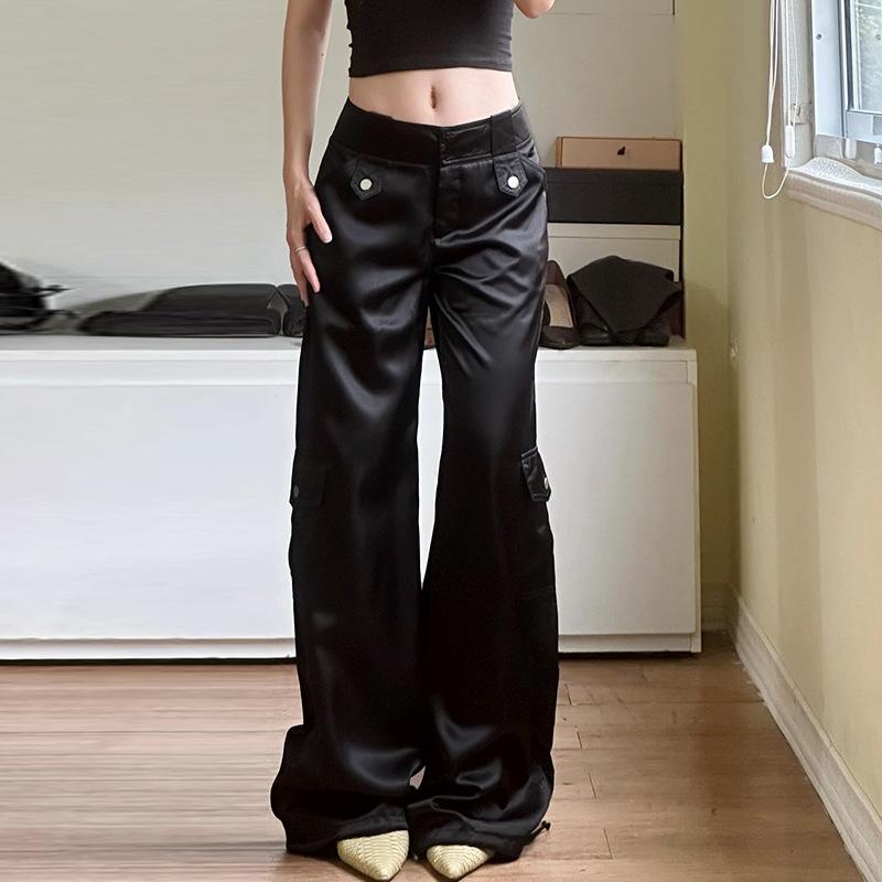 Women's Designer Multi-Pocket Low Waist Casual Hipster Satin Flared Trousers