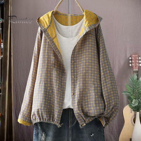 Women Spring Autumn Coat Hooded Drawstring Hem Long Sleeve Printing Loose Zipper Closure Jacket with Pockets Daily Wear Commuting Outerwear