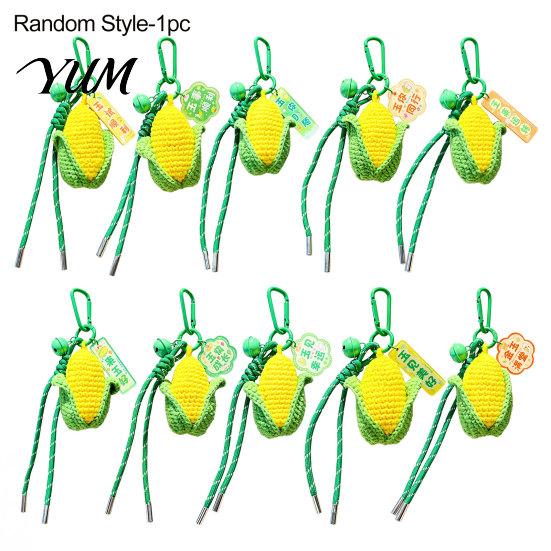 Simulated Corn Key Holder Crocheted Keychain for Backpacks, Handmade Keyring with Bell Soft Pendant & Blessing Tag, Vegetable Bag Charm Backpack