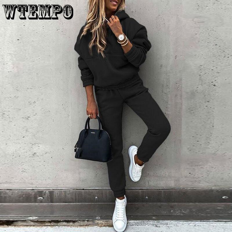 Женский костюм из 2 предметов, длинный рукав, спортивный костюм, свитер, осенне-зимний комплект из свитера с капюшоном, повседневный комплект из двух предметов