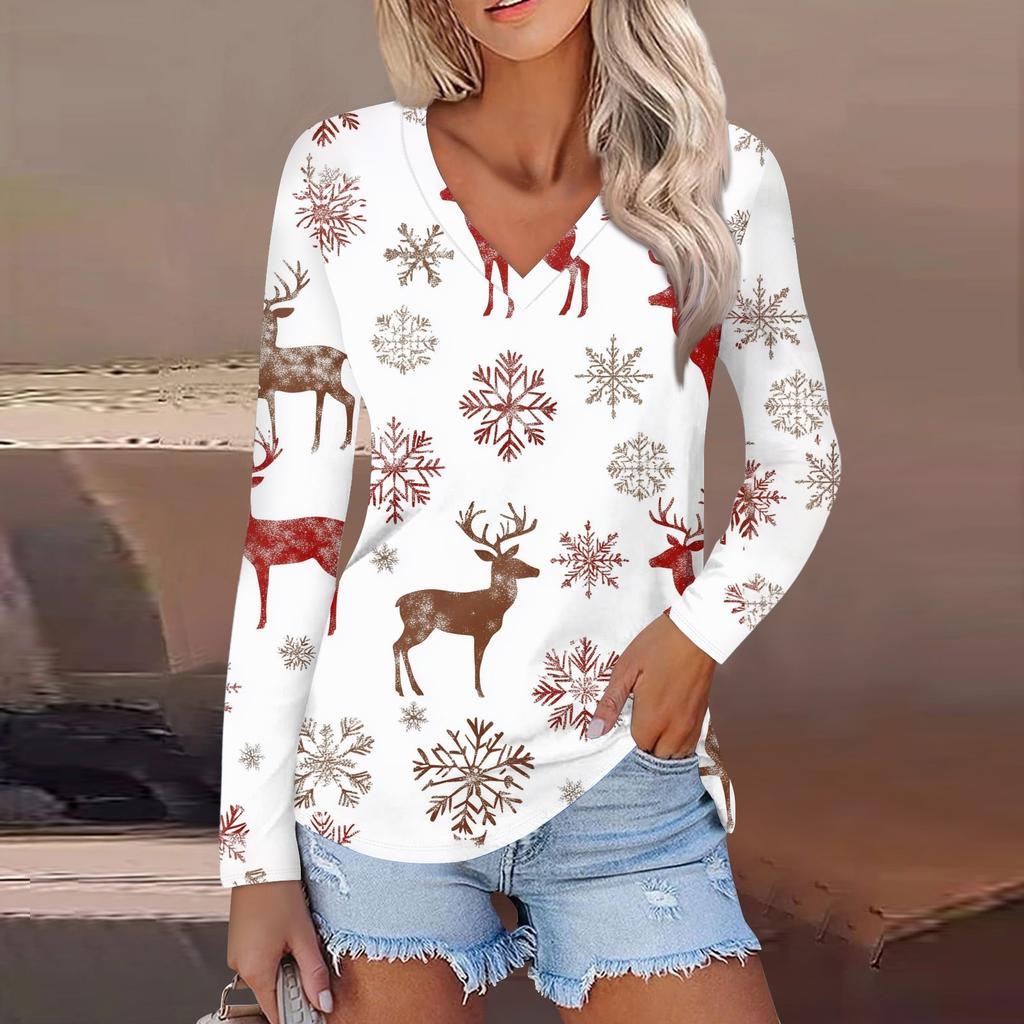 Women's Casual Fashion Sexy Comfortable Christmas Printed V-Neck Long Sleeve Top
