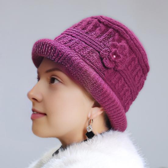 Женская утепленная вязаная шапка с цветком, крючком, шляпа-ведро для пожилых женщин, зимняя теплая шляпа рыбака для активного отдыха